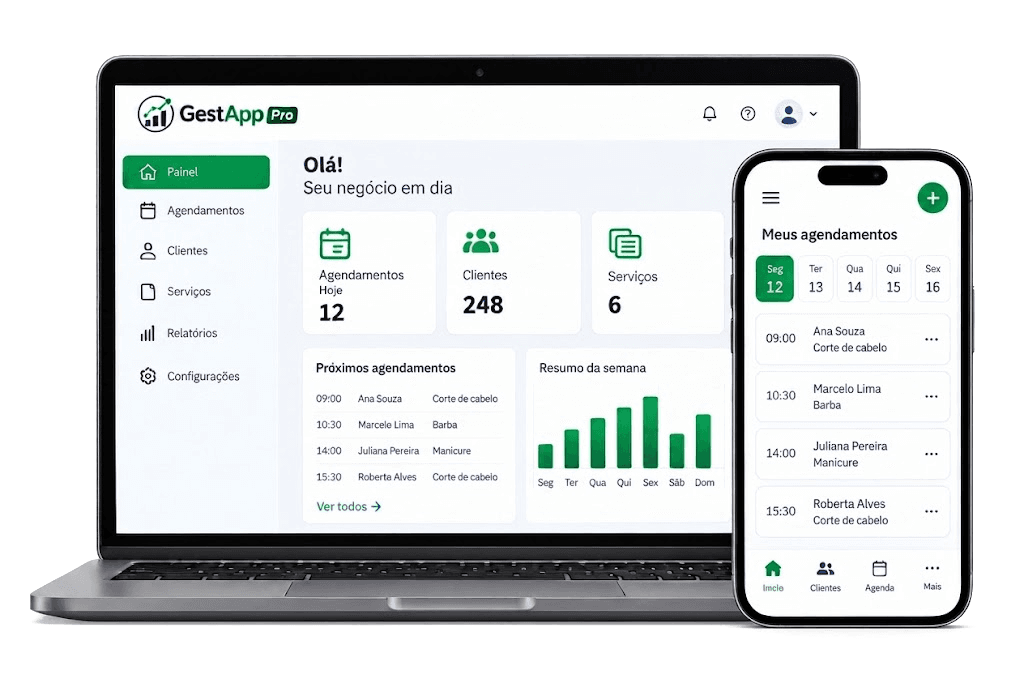 O Gest App Pró aberto no computador e no celular
